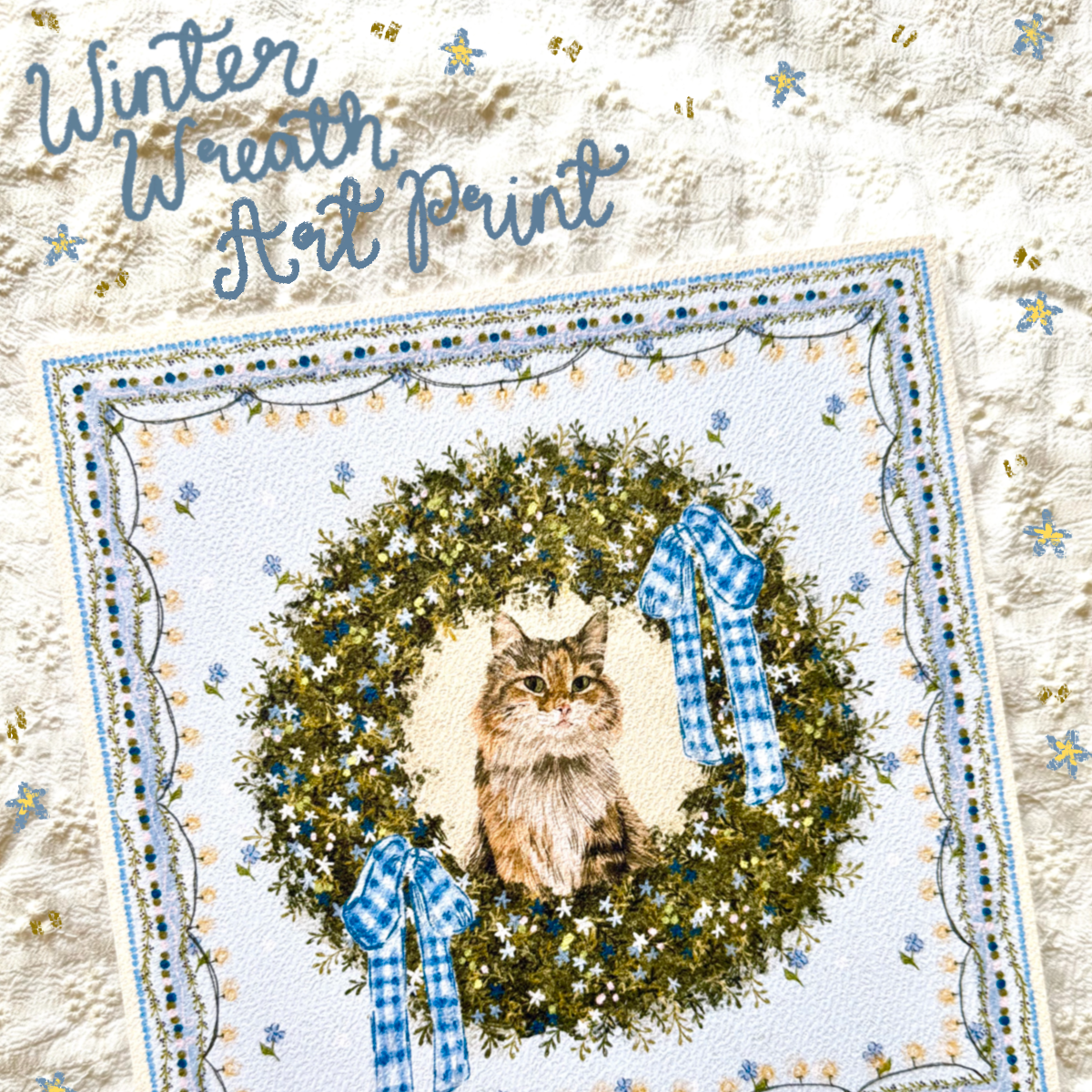 "Winter Wreath" Brown Tabby & White Domestic Long-Haired Cat Christmas Art Print