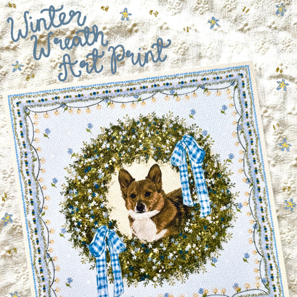 "Winter Wreath" Red & White Pembroke Welsh Corgi Christmas Art Print
