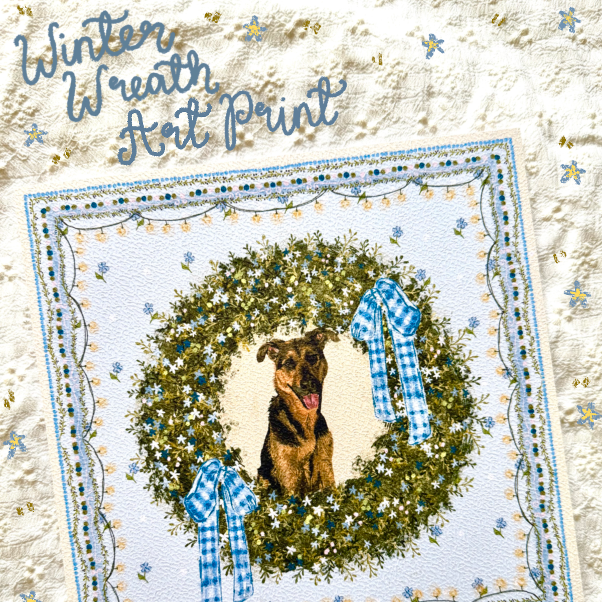 "Winter Wreath" Black & Tan German Shepherd Mix Christmas Art Print