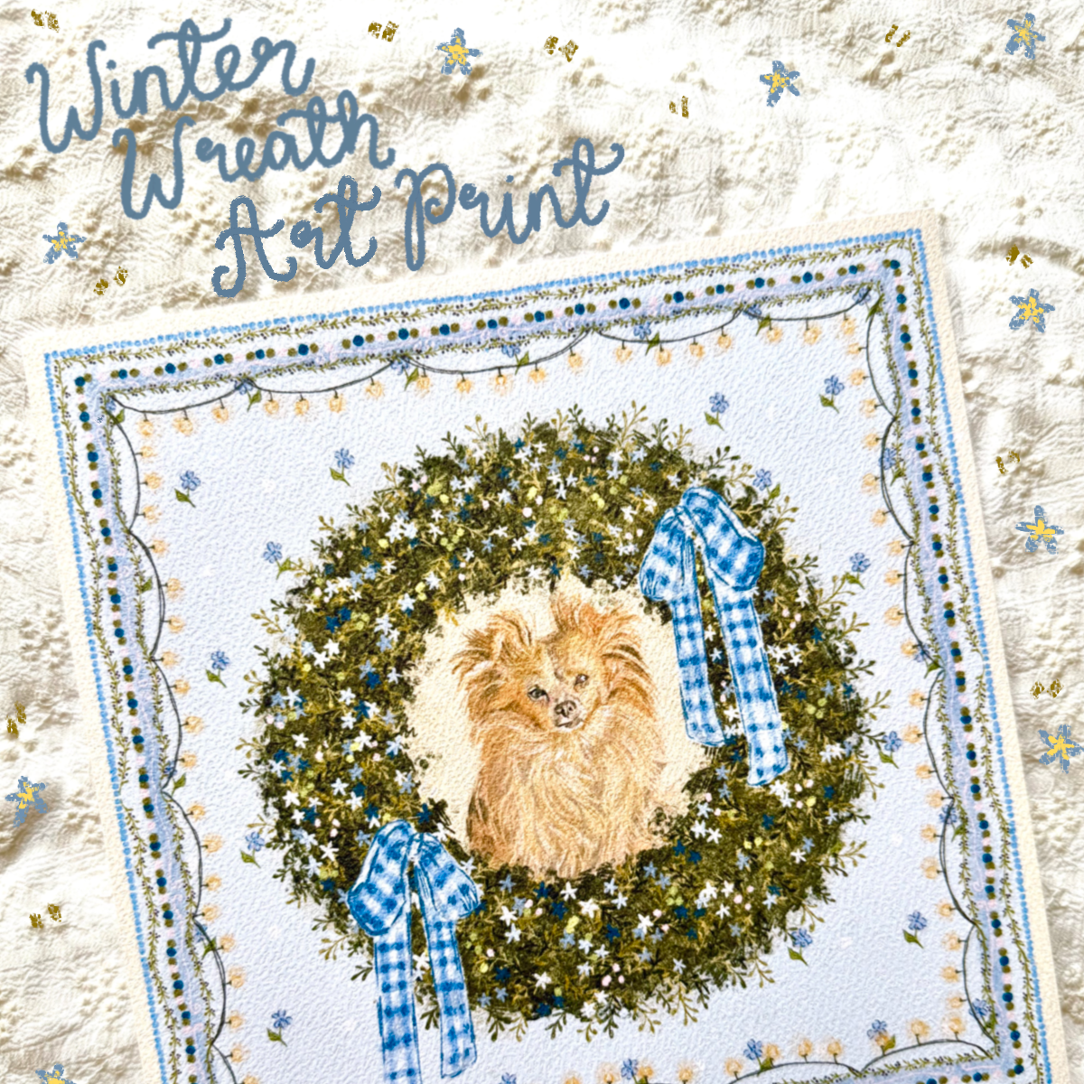 "Winter Wreath" Cream Long-Haired Chihuahua Christmas Art Print