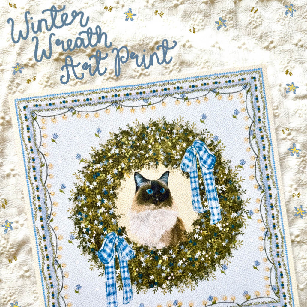 "Winter Wreath" Seal Point Mitted Ragdoll Christmas Art Print