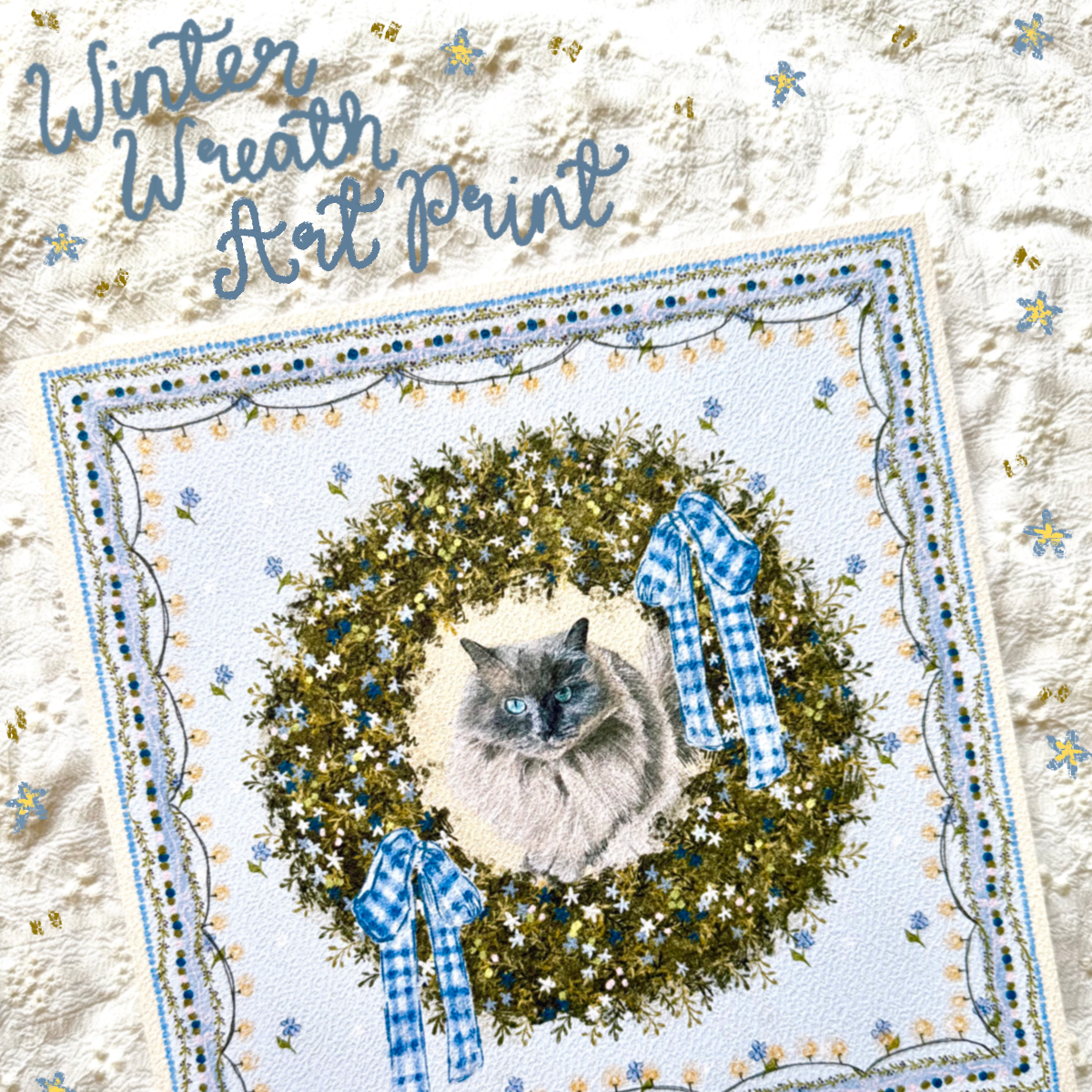 "Winter Wreath" Blue Point Ragdoll Cat Christmas Art Print