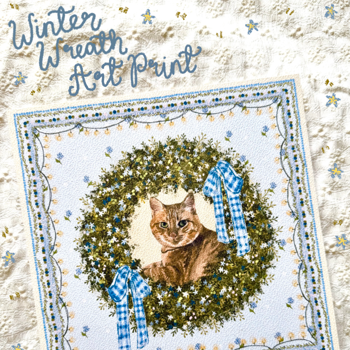 "Winter Wreath" Ginger Tabby Domestic Shorthair Cat Christmas Art Print