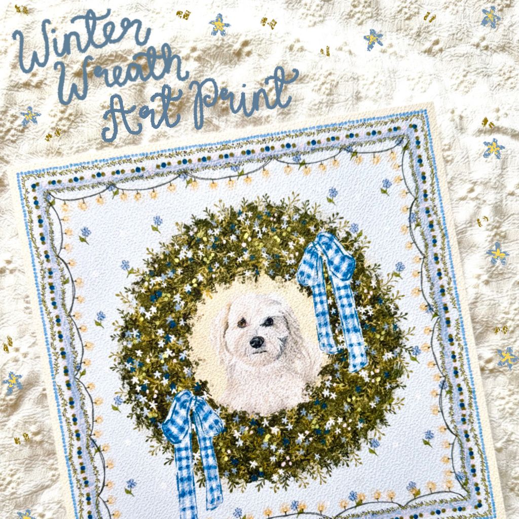 "Winter Wreath" Cream Maltipoo (Maltese x Poodle Mix) Christmas Art Print
