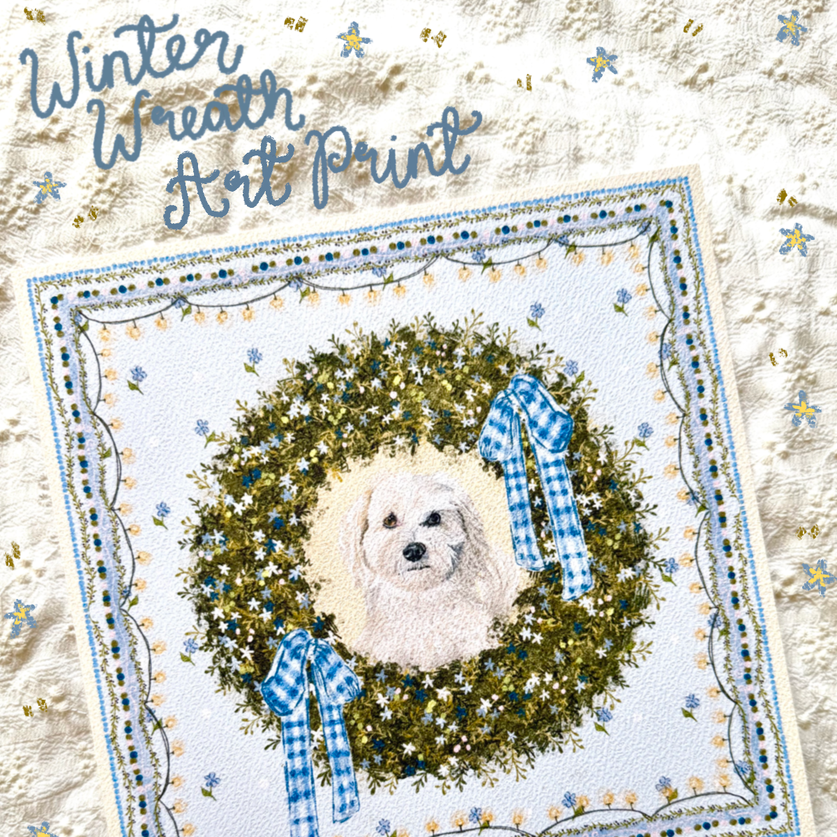 "Winter Wreath" Cream Maltipoo (Maltese x Poodle Mix) Christmas Art Print