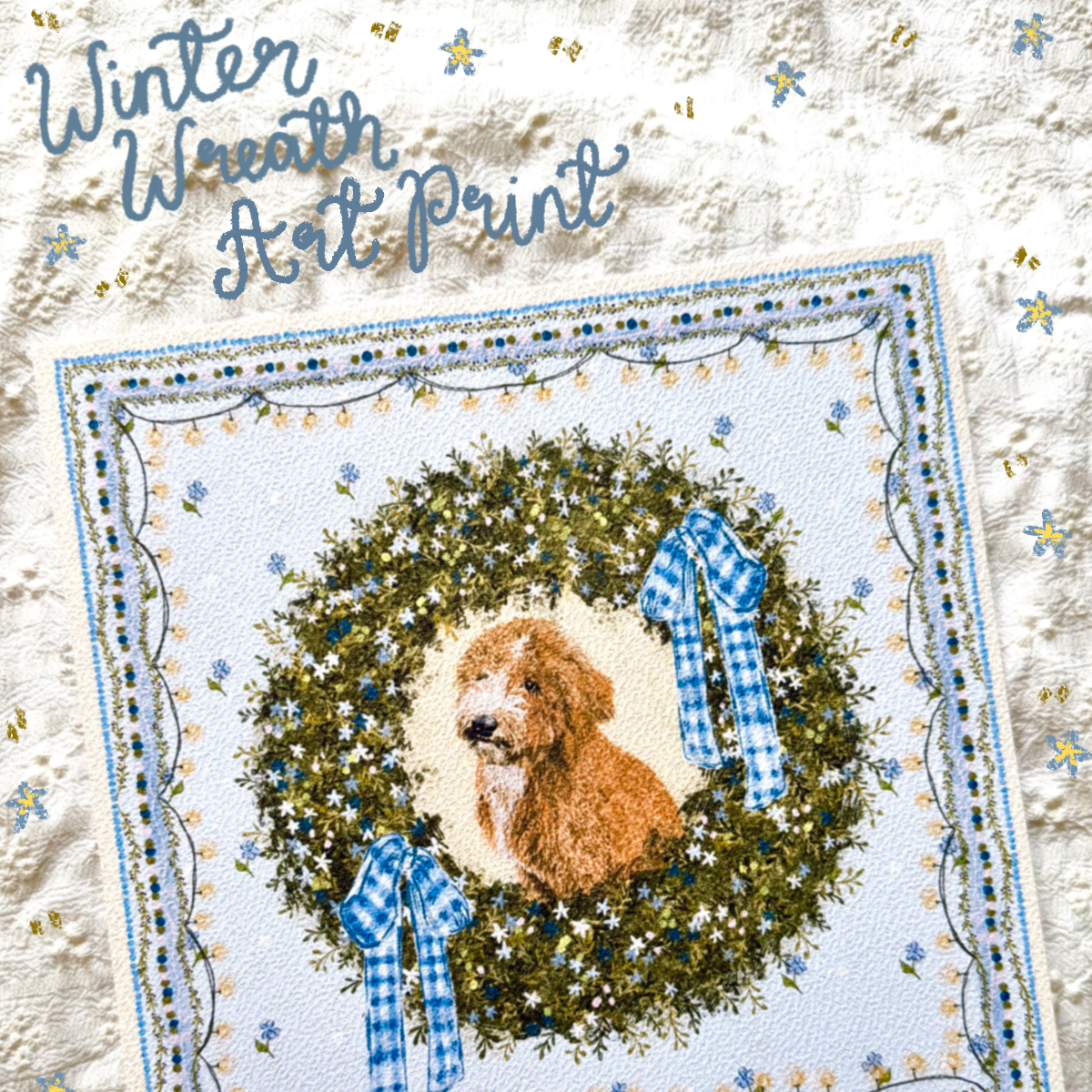 "Winter Wreath" Apricot & White Goldendoodle Christmas Art Print