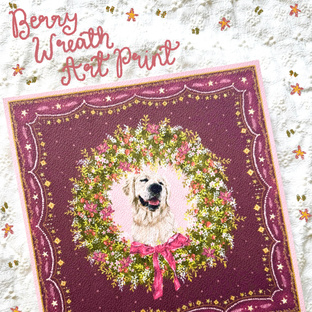 "Berry Wreath" - English Cream Golden Retriever Christmas Art Print