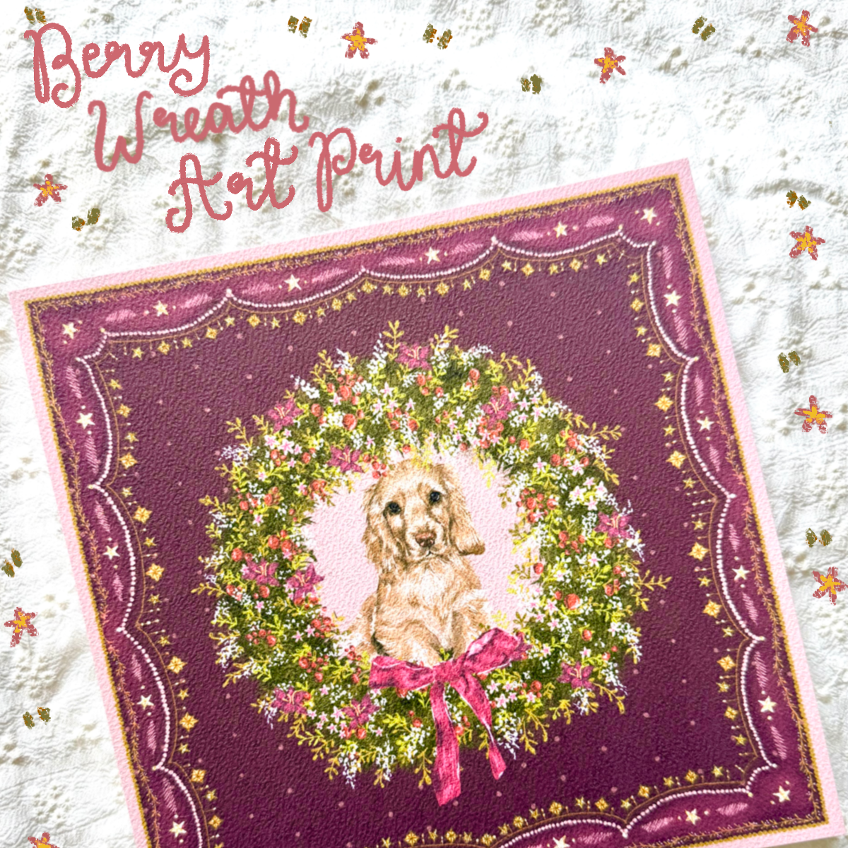 "Berry Wreath" Golden English Cocker Spaniel Christmas Art Print
