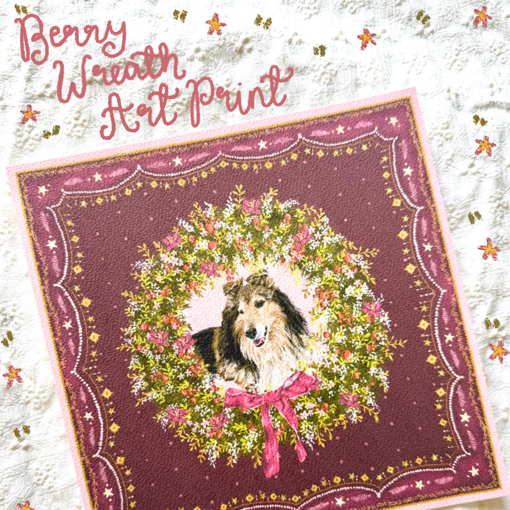 "Berry Wreath" Sable & White Rough Collie Christmas Art Print