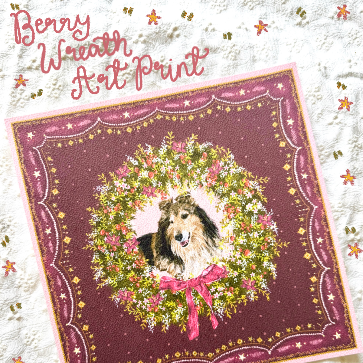 "Berry Wreath" Sable & White Rough Collie Christmas Art Print