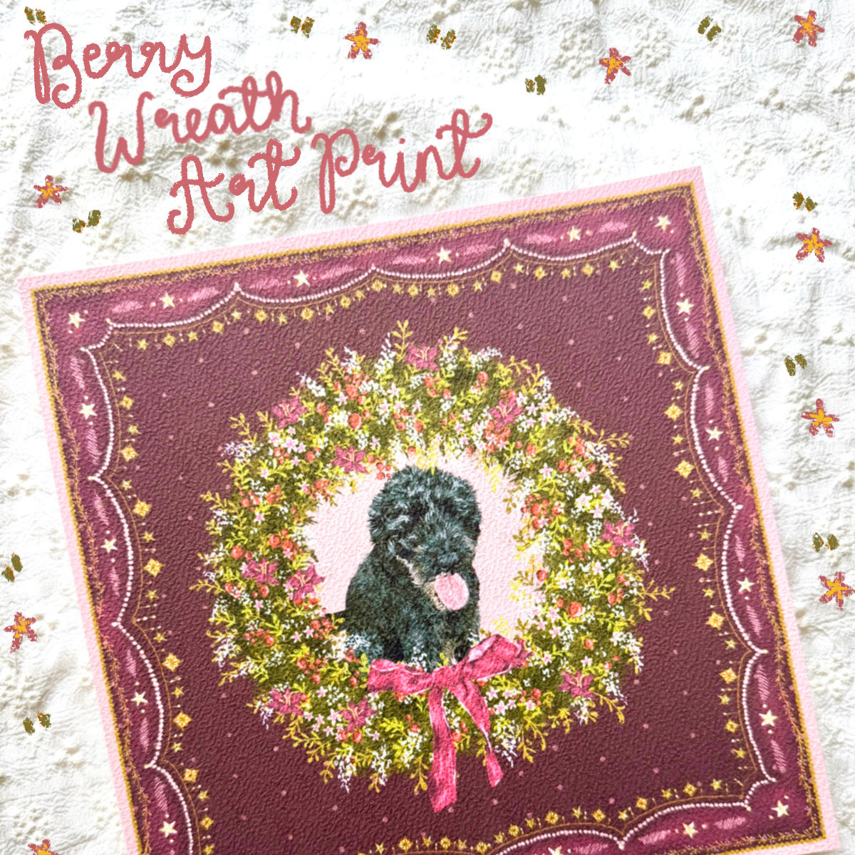 "Berry Wreath" Black Labradoodle Christmas Art Print