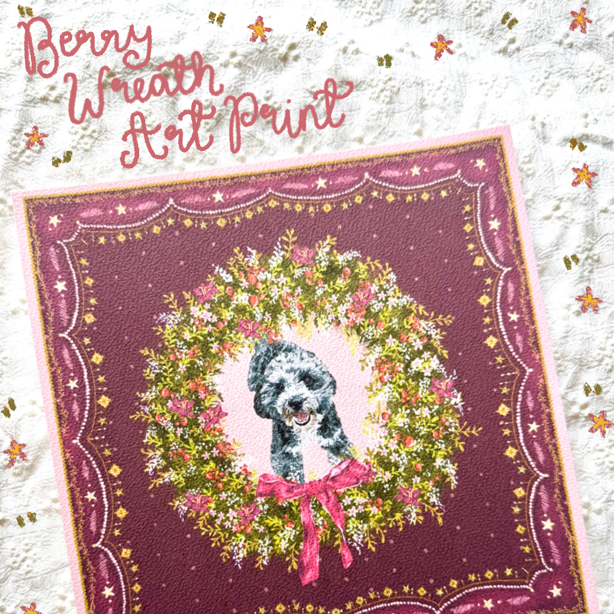"Berry Wreath" Blue Merle Cockapoo Christmas Art Print