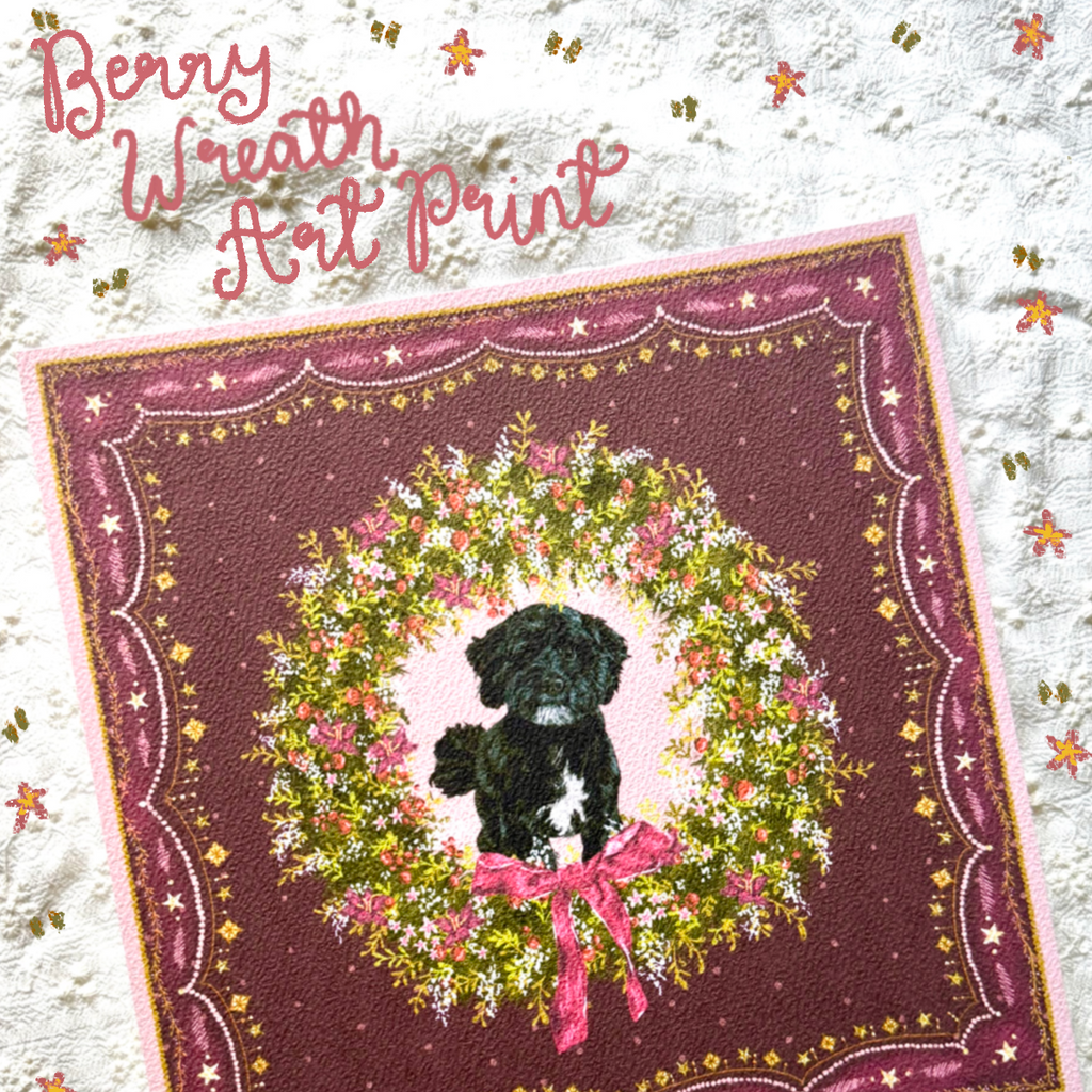"Berry Wreath" Black & White Shih-Poo (Shih Tzu x Poodle) Christmas Art Print