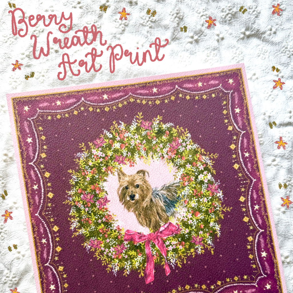 "Berry Wreath" Blue & Tan Yorkshire Terrier Christmas Art Print