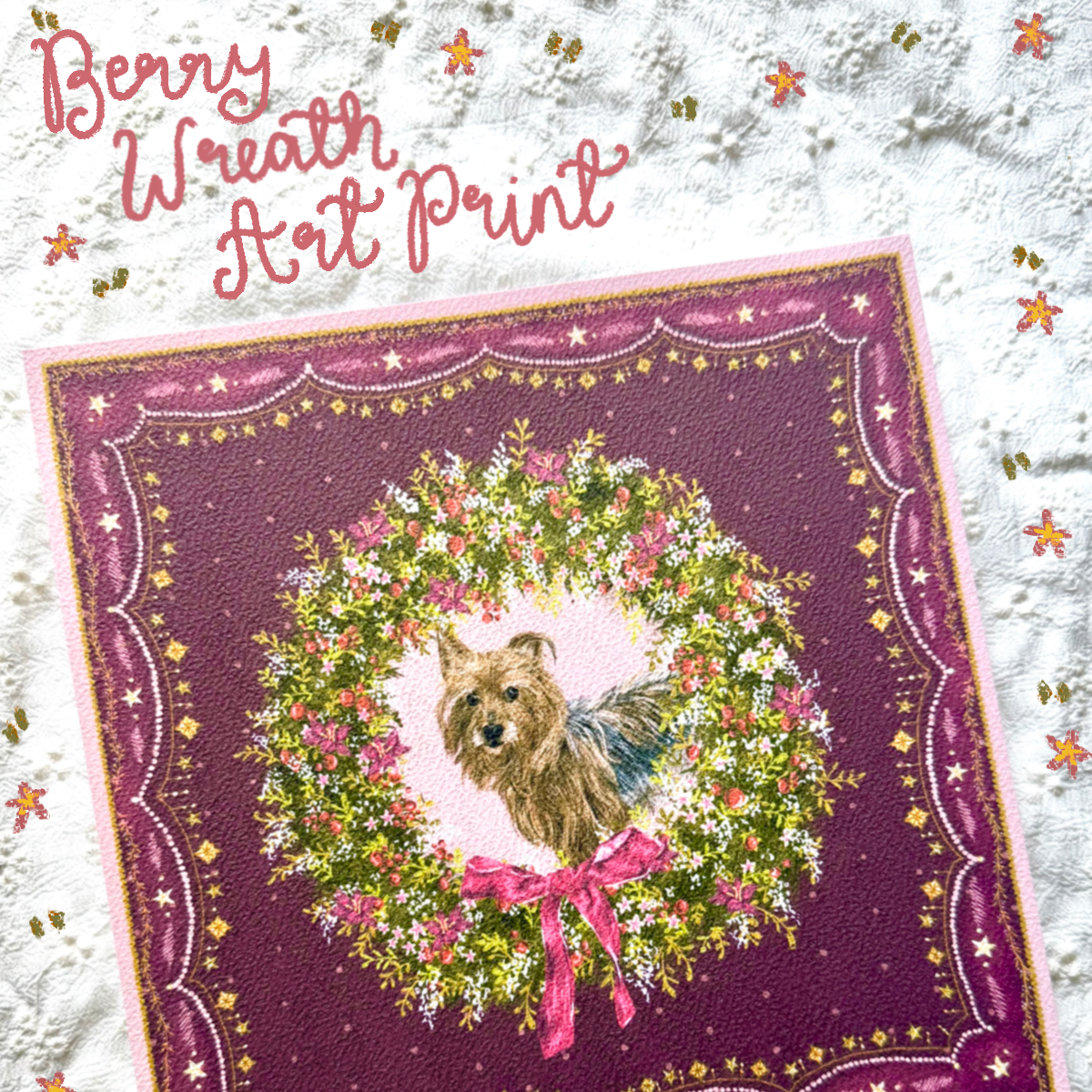 "Berry Wreath" Blue & Tan Yorkshire Terrier Christmas Art Print
