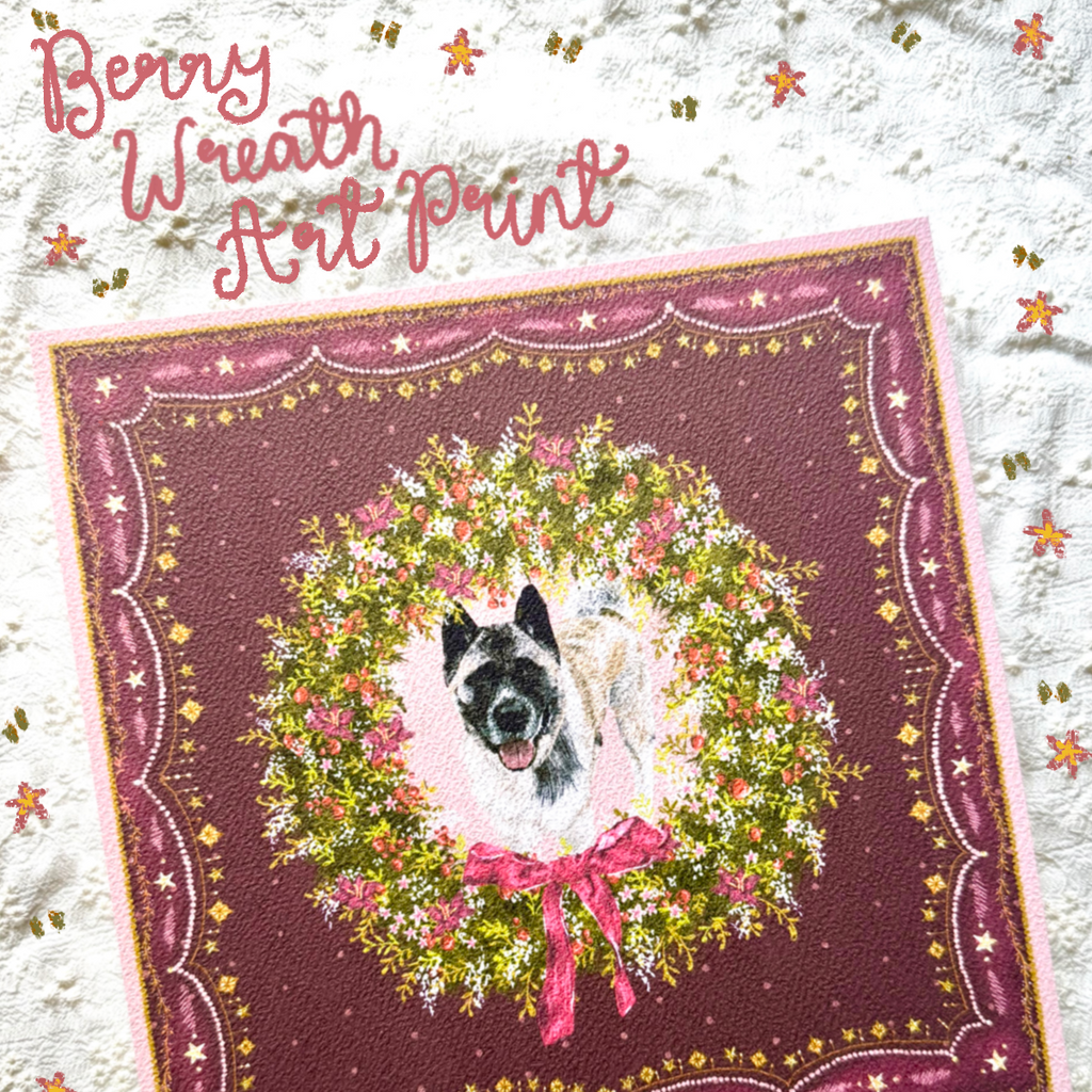 "Berry Wreath" Silver & White (with Black Mask) American Akita Christmas Art Print