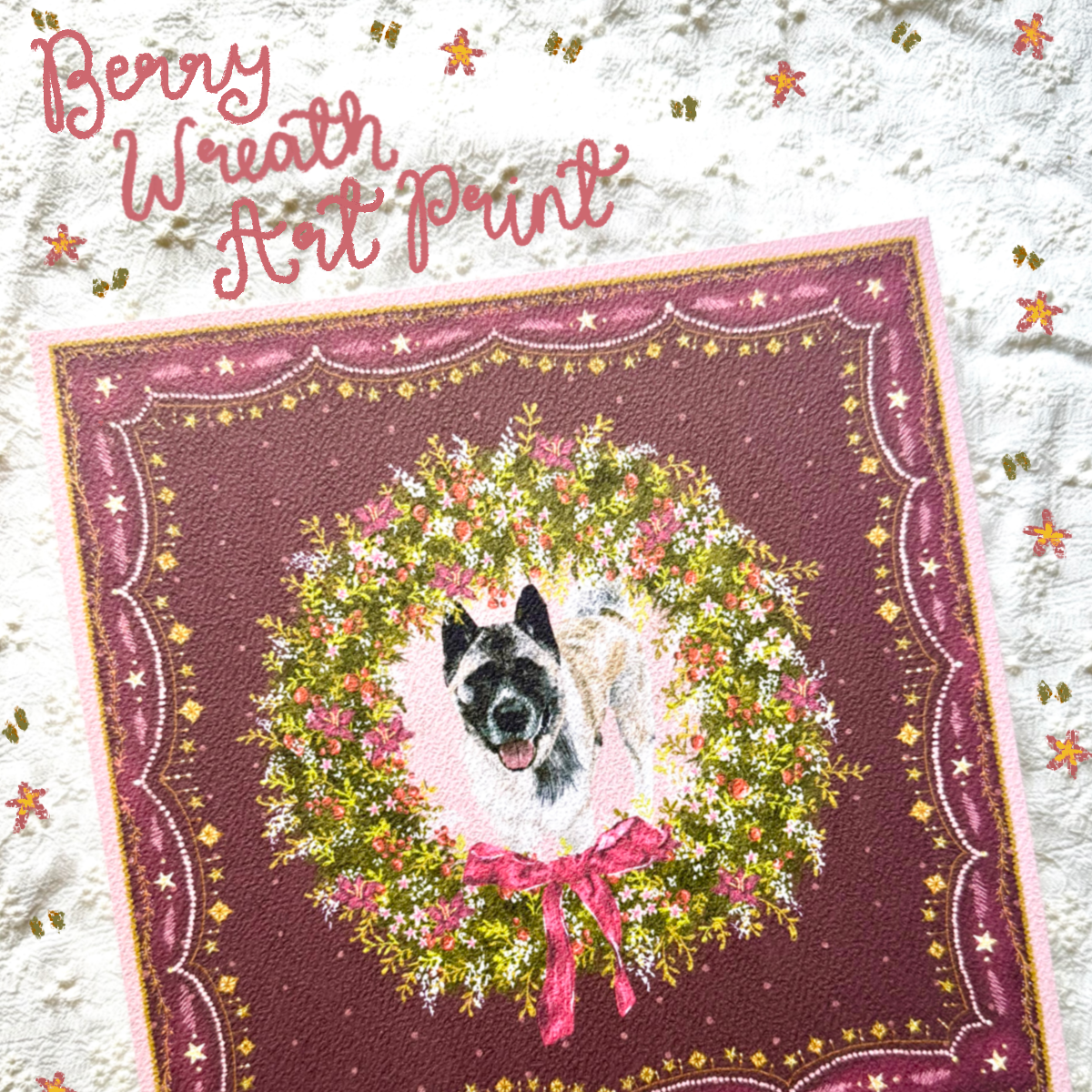 "Berry Wreath" Silver & White (with Black Mask) American Akita Christmas Art Print