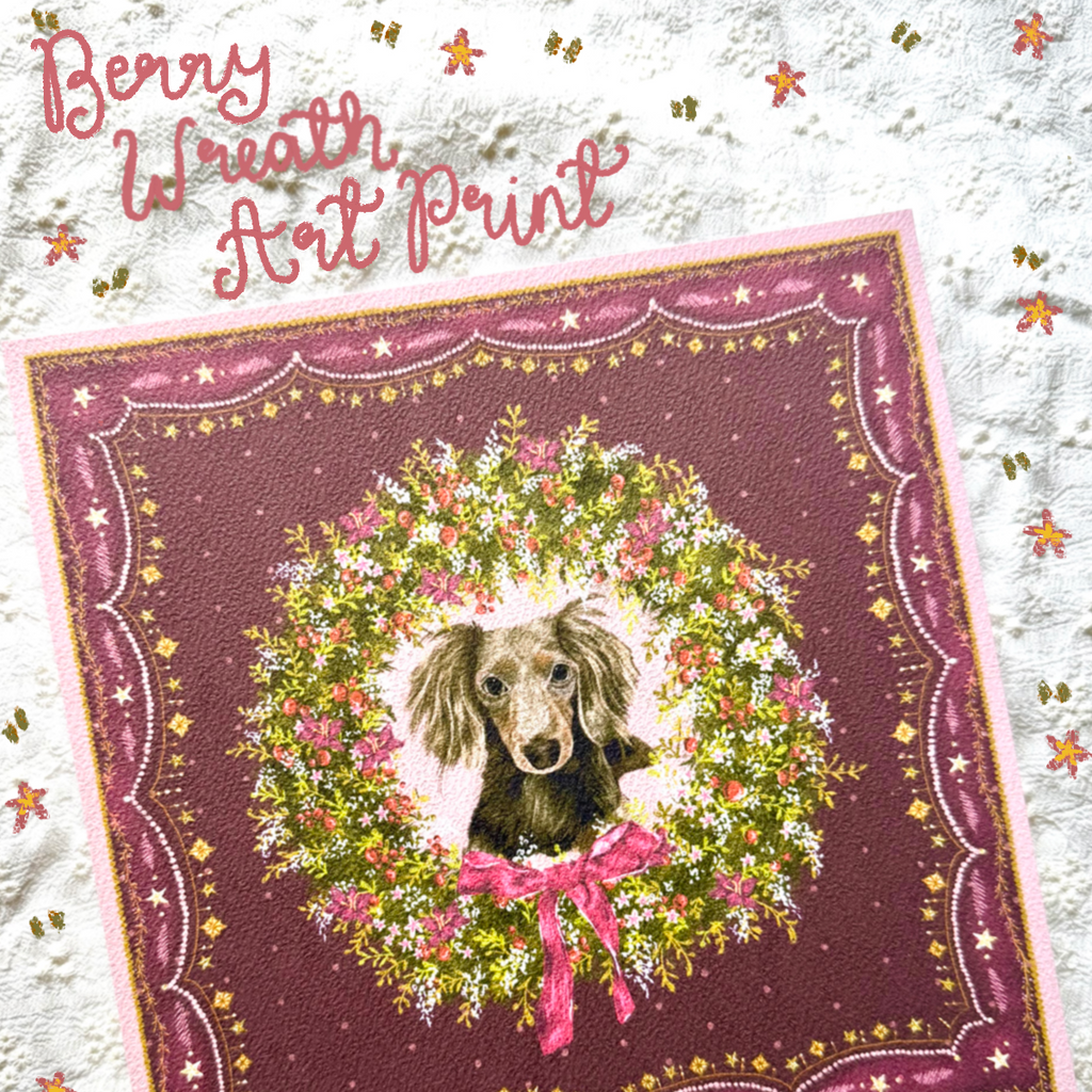 "Berry Wreath" Chocolate Dapple Long-Haired Dachshund Christmas Art Print