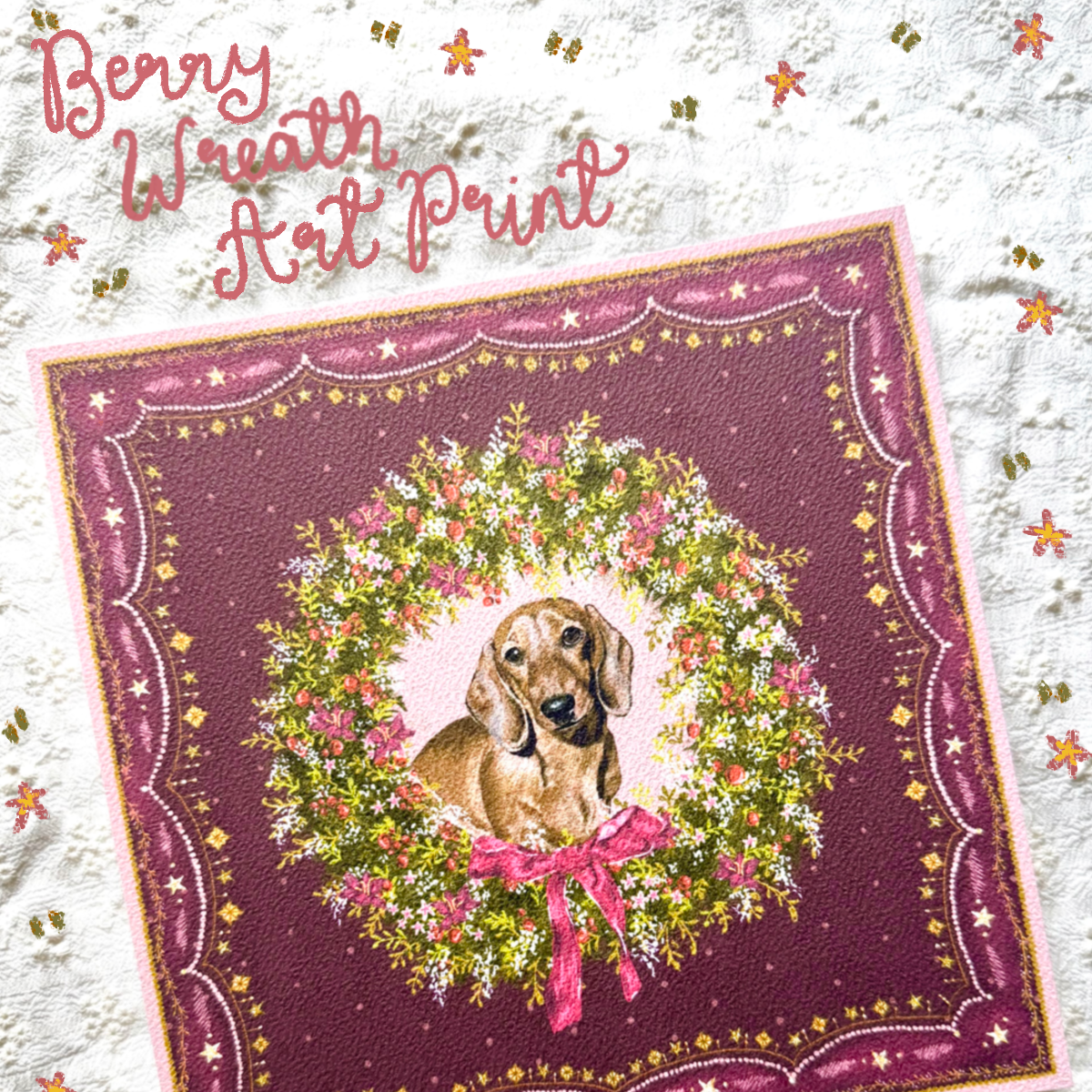 "Berry Wreath" Red Smooth-Haired Dachshund Christmas Art Print