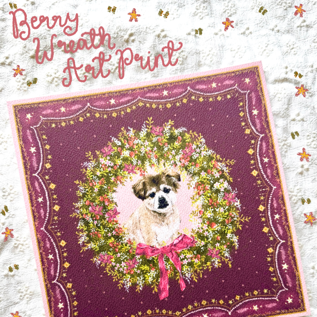 "Berry Wreath" Cream & Tan Shiranian (Pomeranian x Shih Tzu) Christmas Art Print