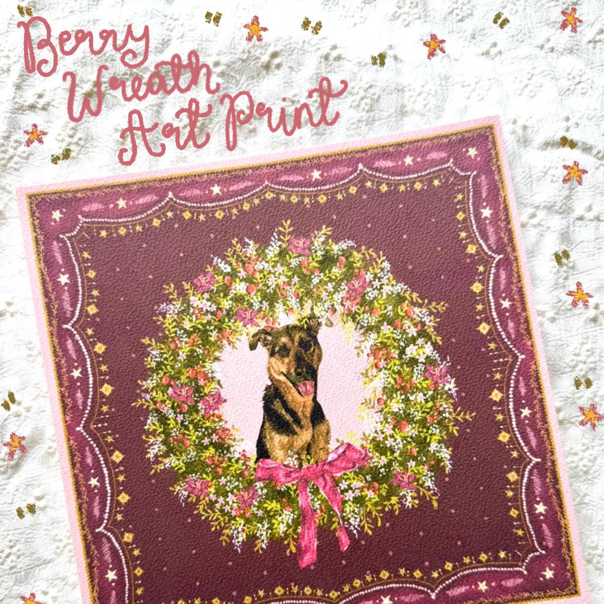 "Berry Wreath" Black & Tan German Shepherd Mix Christmas Art Print