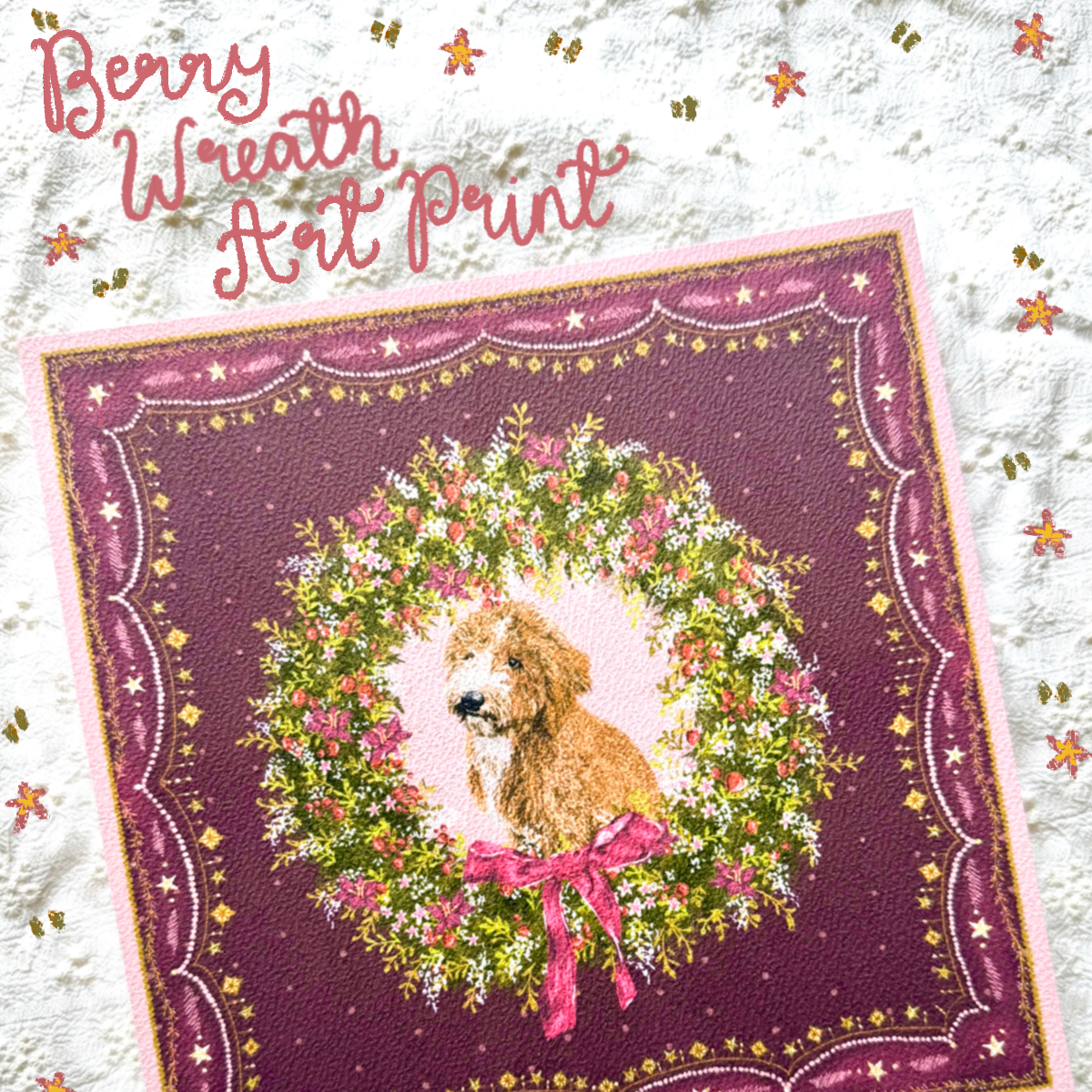 "Berry Wreath" Apricot & White Goldendoodle Christmas Art Print