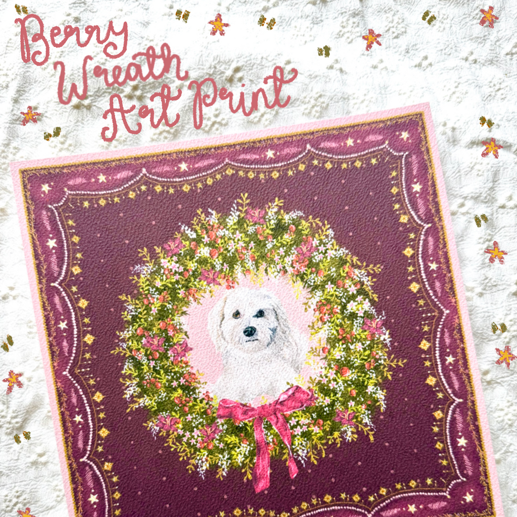 "Berry Wreath" Cream Maltipoo (Maltese x Poodle Mix) Christmas Art Print