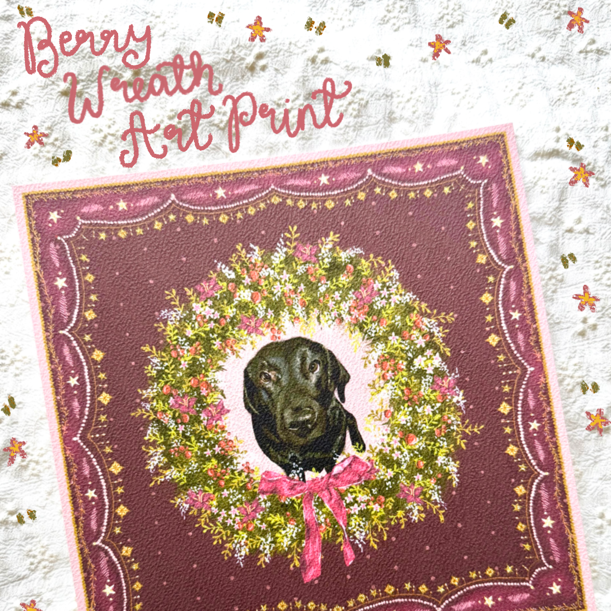 "Berry Wreath" Black Labrador Retriever Christmas Art Print