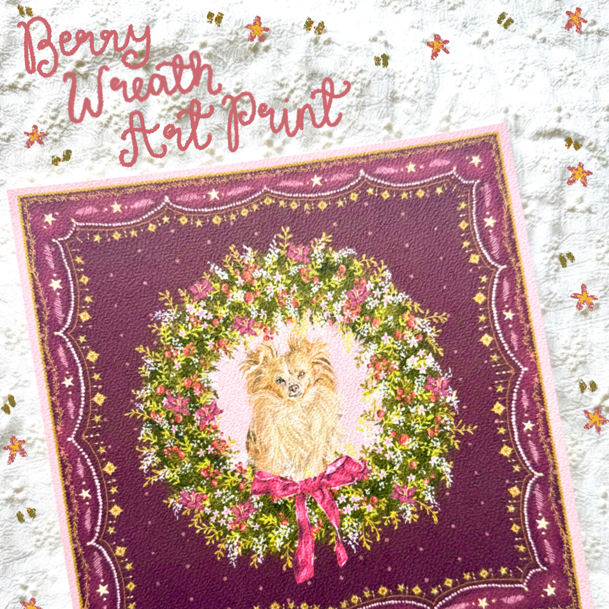 "Berry Wreath" Cream Long-Haired Chihuahua Christmas Art Print
