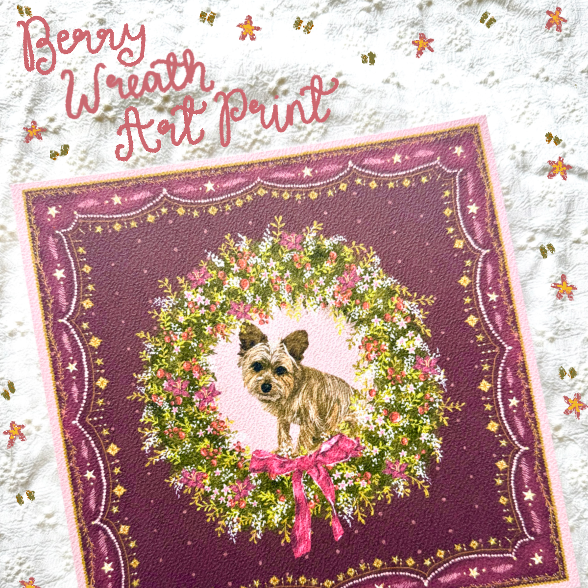 "Berry Wreath" Wheaten Cairn Terrier Christmas Art Print