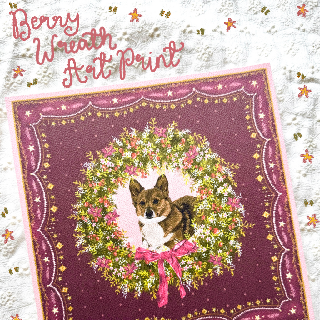 "Berry Wreath" Red & White Pembroke Welsh Corgi Christmas Art Print