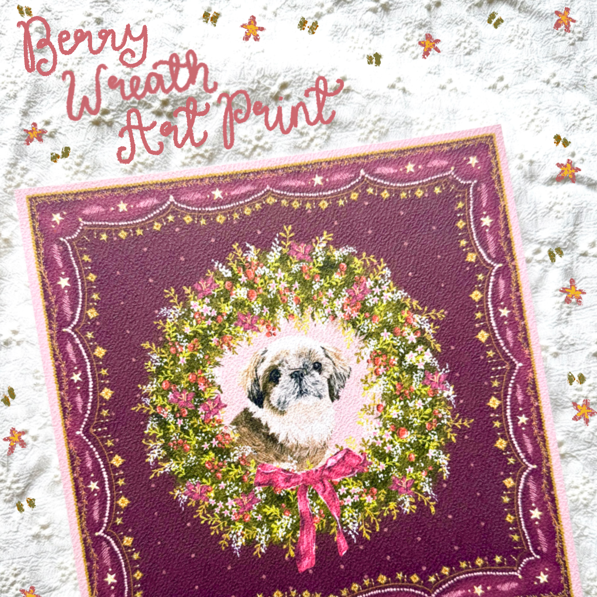 "Berry Wreath" Gold & White Shih Tzu Christmas Art Print