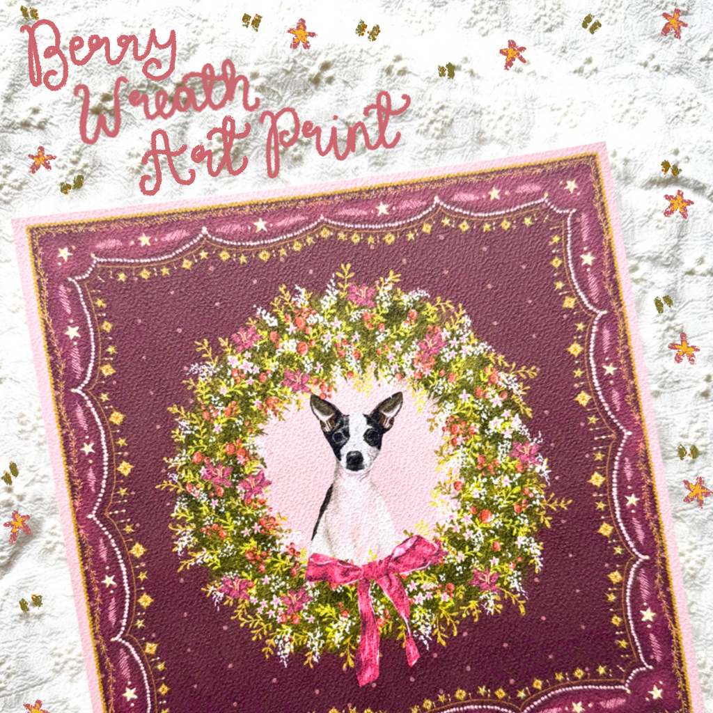 "Berry Wreath" Black & White Smooth-Haired Chihuahua Christmas Art Print