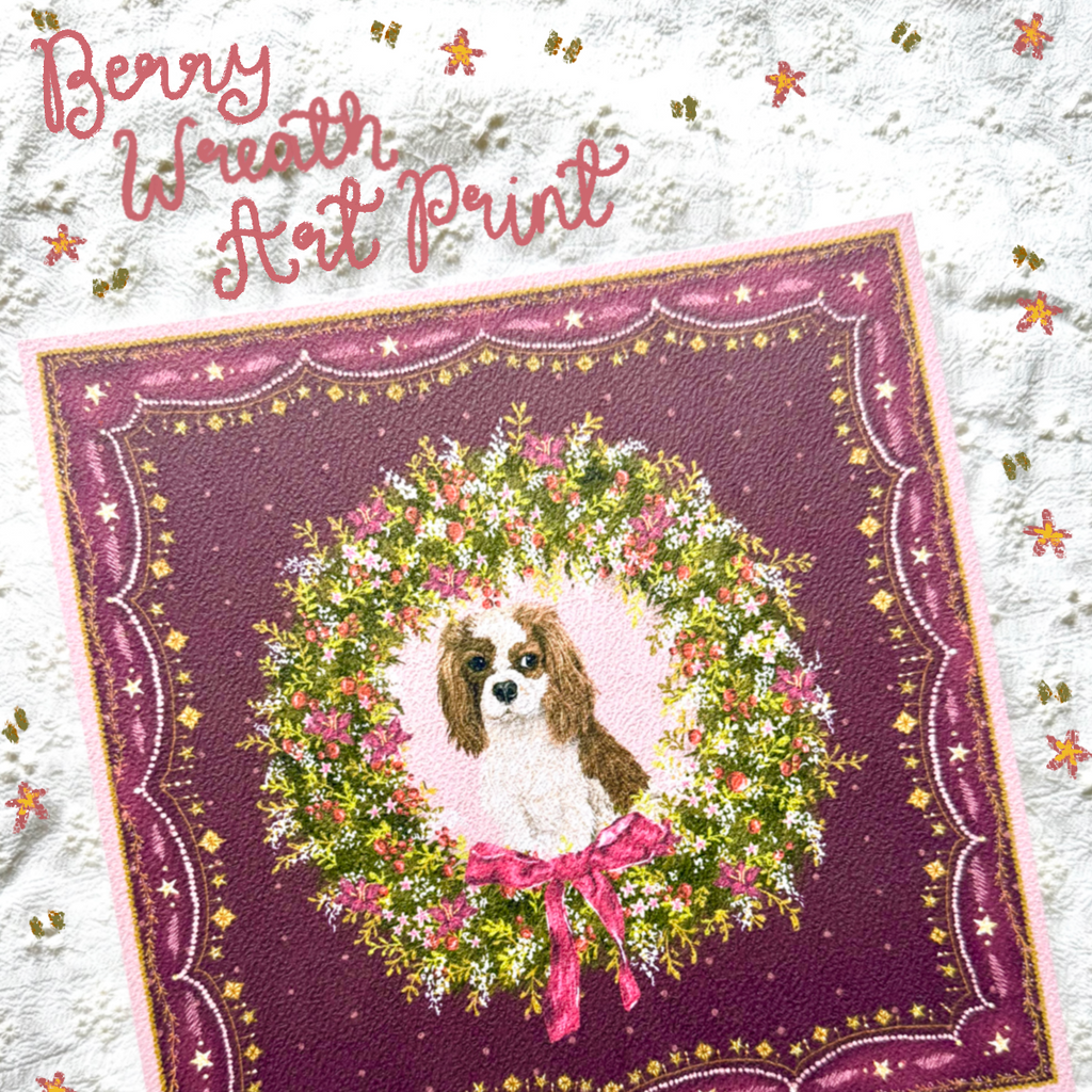 "Berry Wreath" Blenheim Cavelier King Charles Spaniel Christmas Art Print