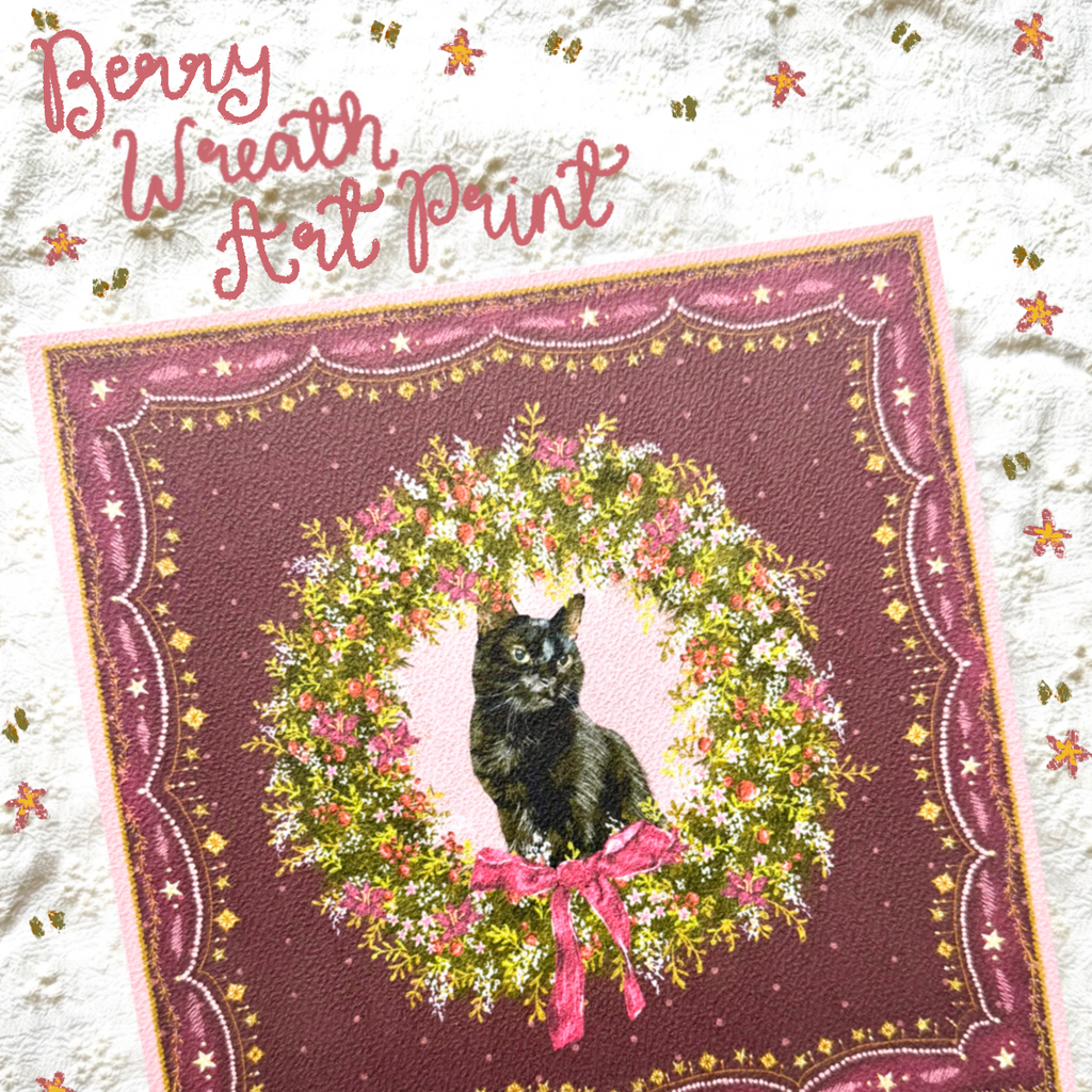 "Berry Wreath" Black Domestic Shorthair Cat Christmas Art Print
