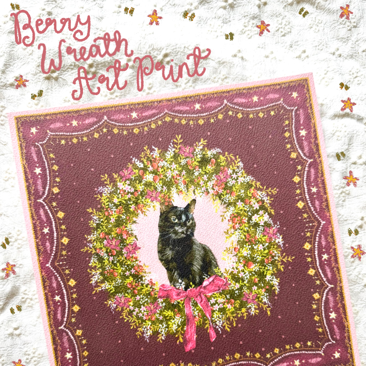 "Berry Wreath" Black Domestic Shorthair Cat Christmas Art Print