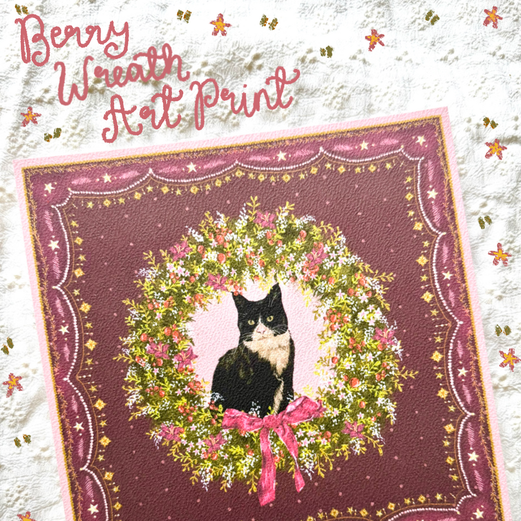"Berry Wreath" Black & White Tuxedo Domestic Shorthair Cat Christmas Art Print