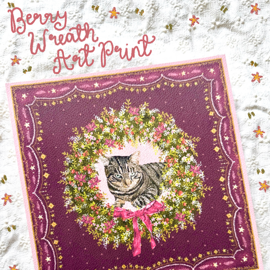 "Berry Wreath" Brown Tabby Domestic Shorthair Cat Christmas Art Print