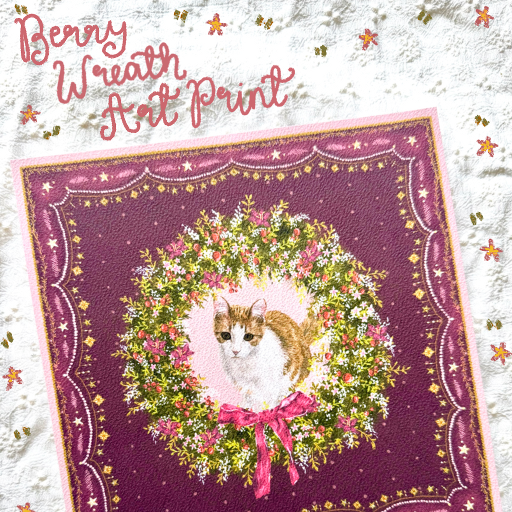 "Berry Wreath" Ginger & White Tabby Domestic Shorthair Cat Christmas Art Print