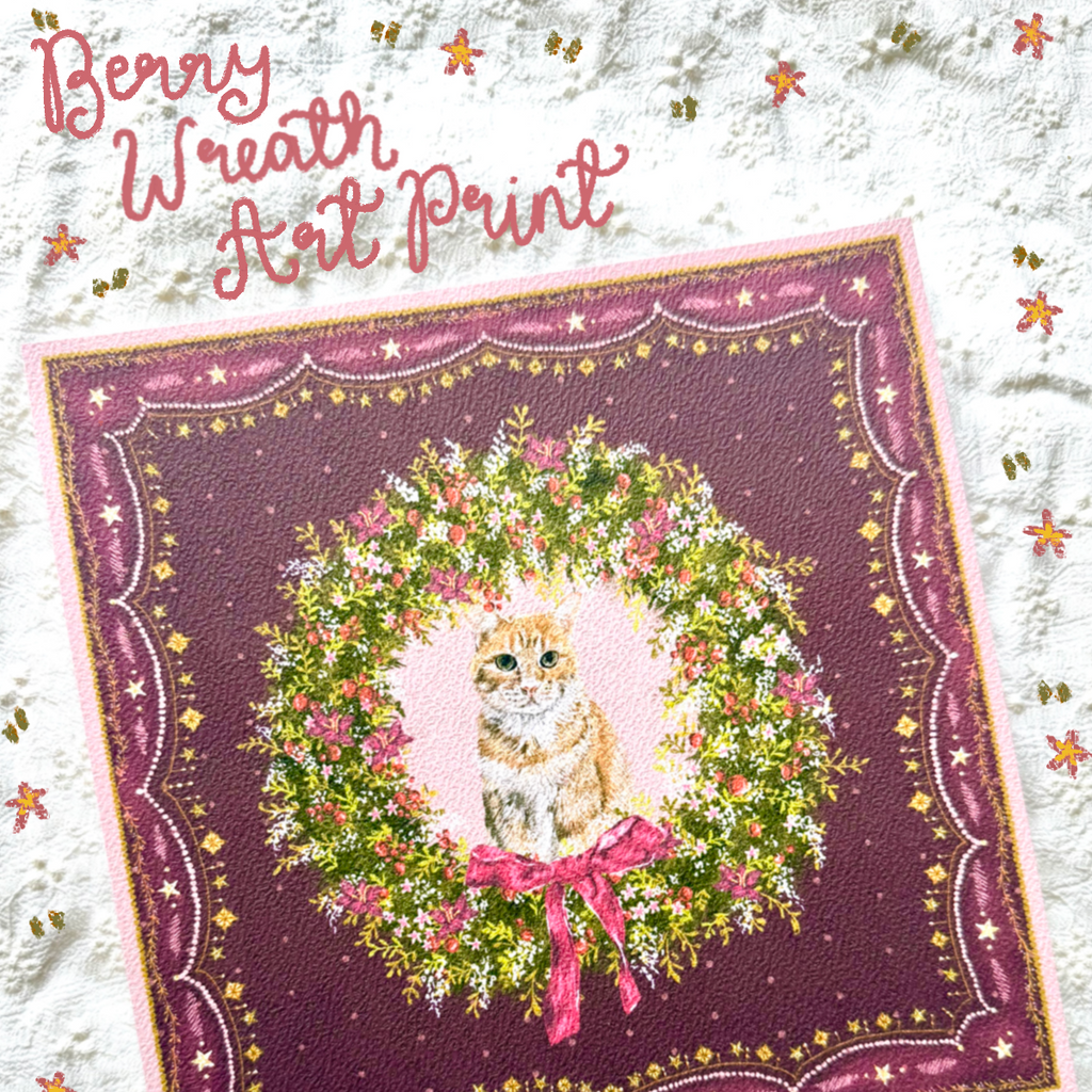 "Berry Wreath" Orange Tabby Domestic Shorthair Cat Christmas Art Print