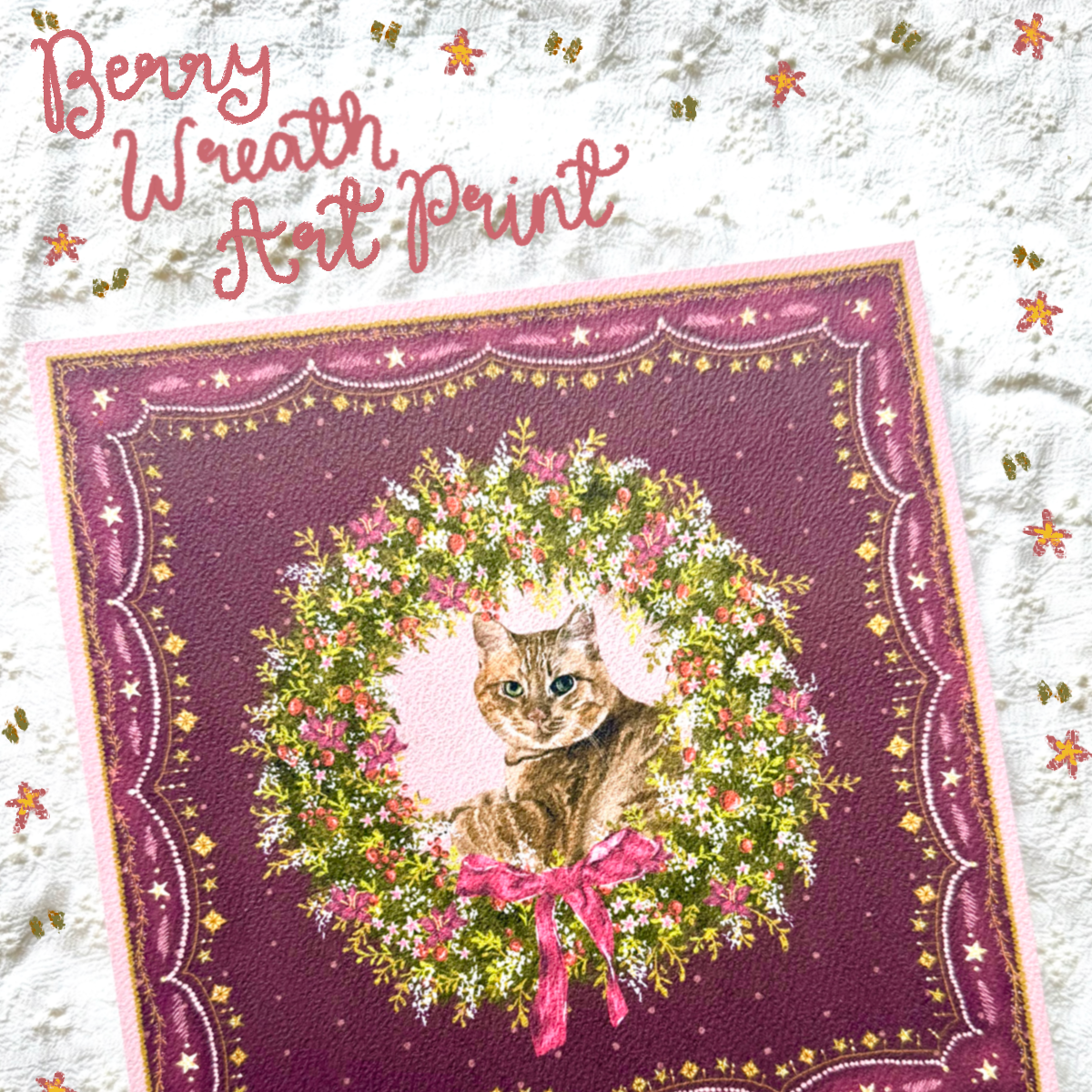 "Berry Wreath" Ginger Tabby Domestic Shorthair Cat Christmas Art Print