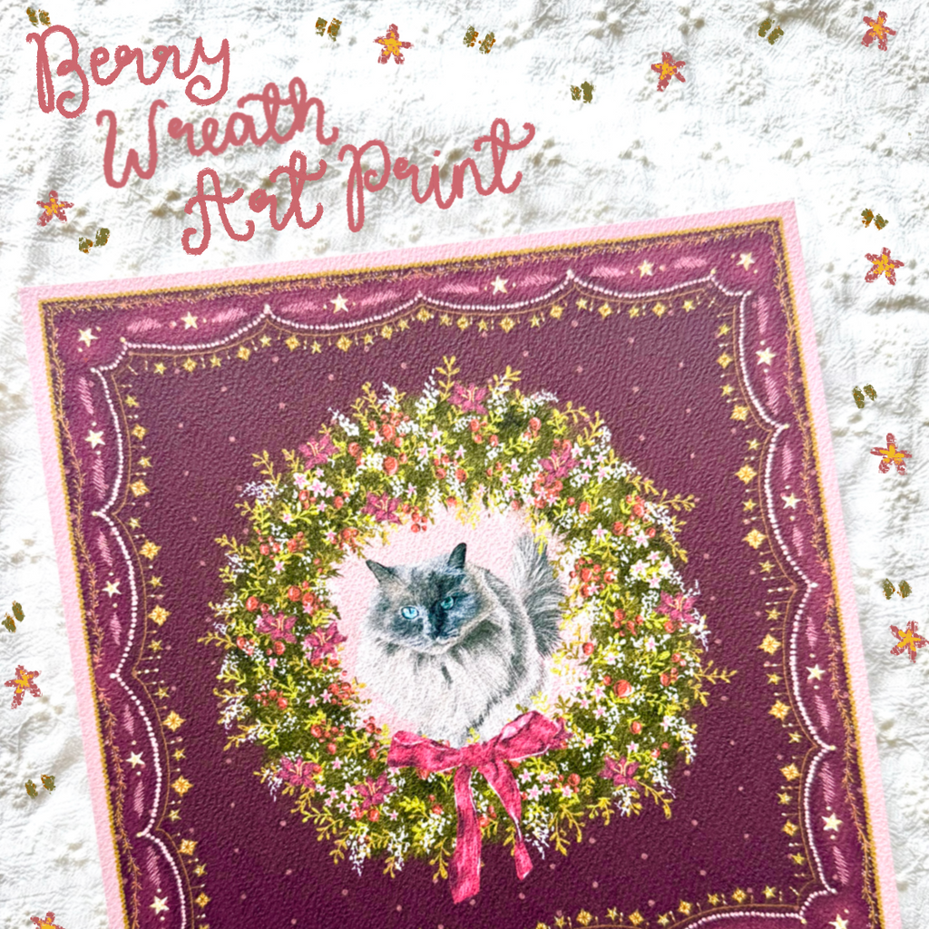 "Berry Wreath" Blue Point Ragdoll Cat Christmas Art Print