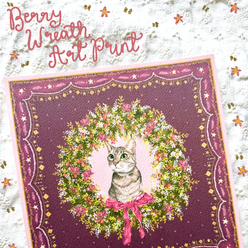 "Berry Wreath" Brown Tabby Domestic Shorthair Cat #2 Christmas Art Print