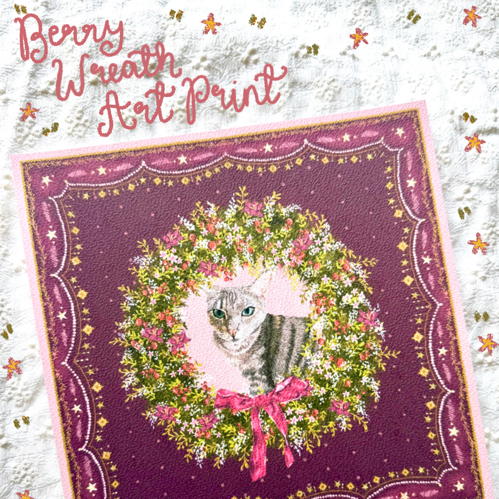 "Berry Wreath" Brown Mackerel Domestic Shorthair Cat Christmas Art Print