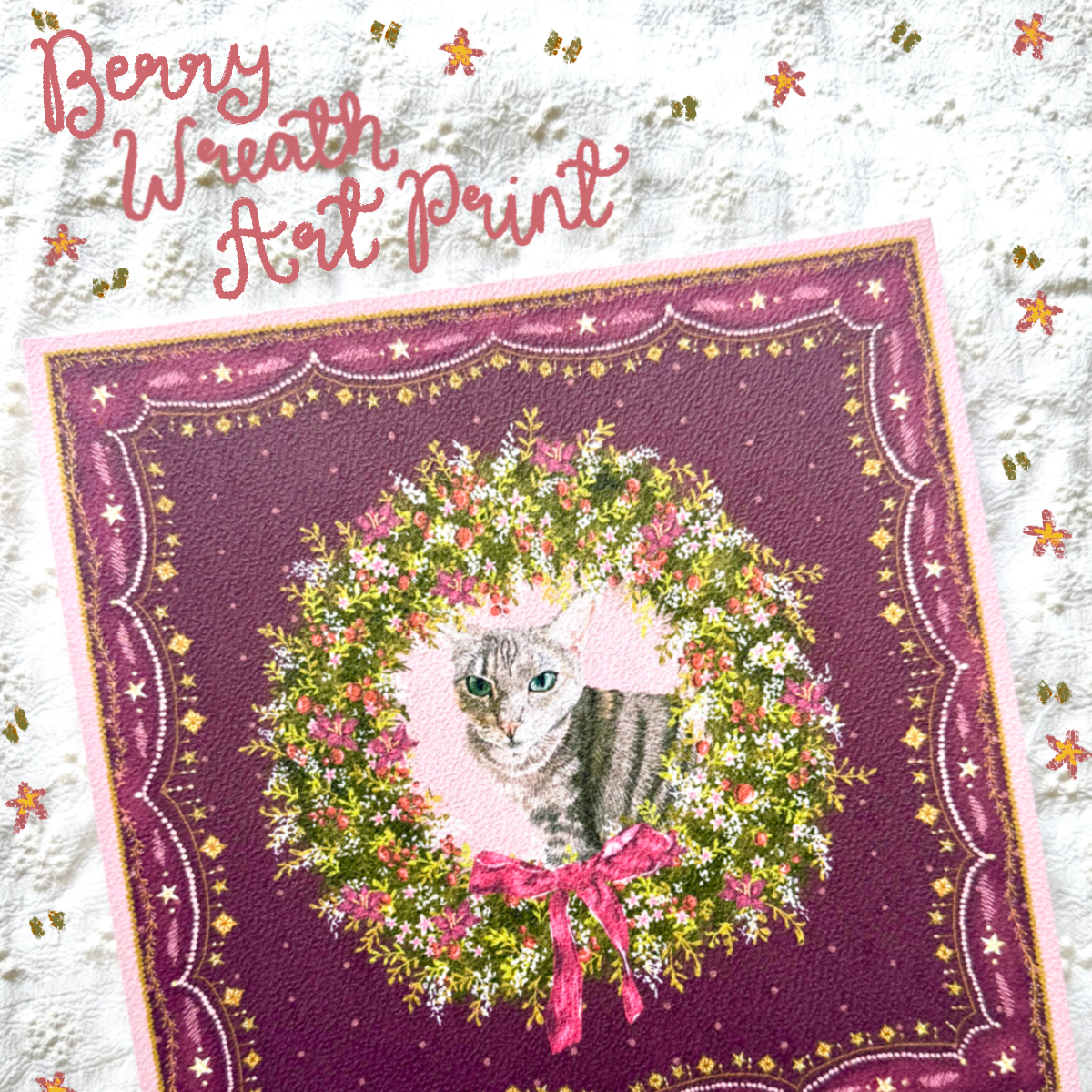 "Berry Wreath" Brown Mackerel Domestic Shorthair Cat Christmas Art Print
