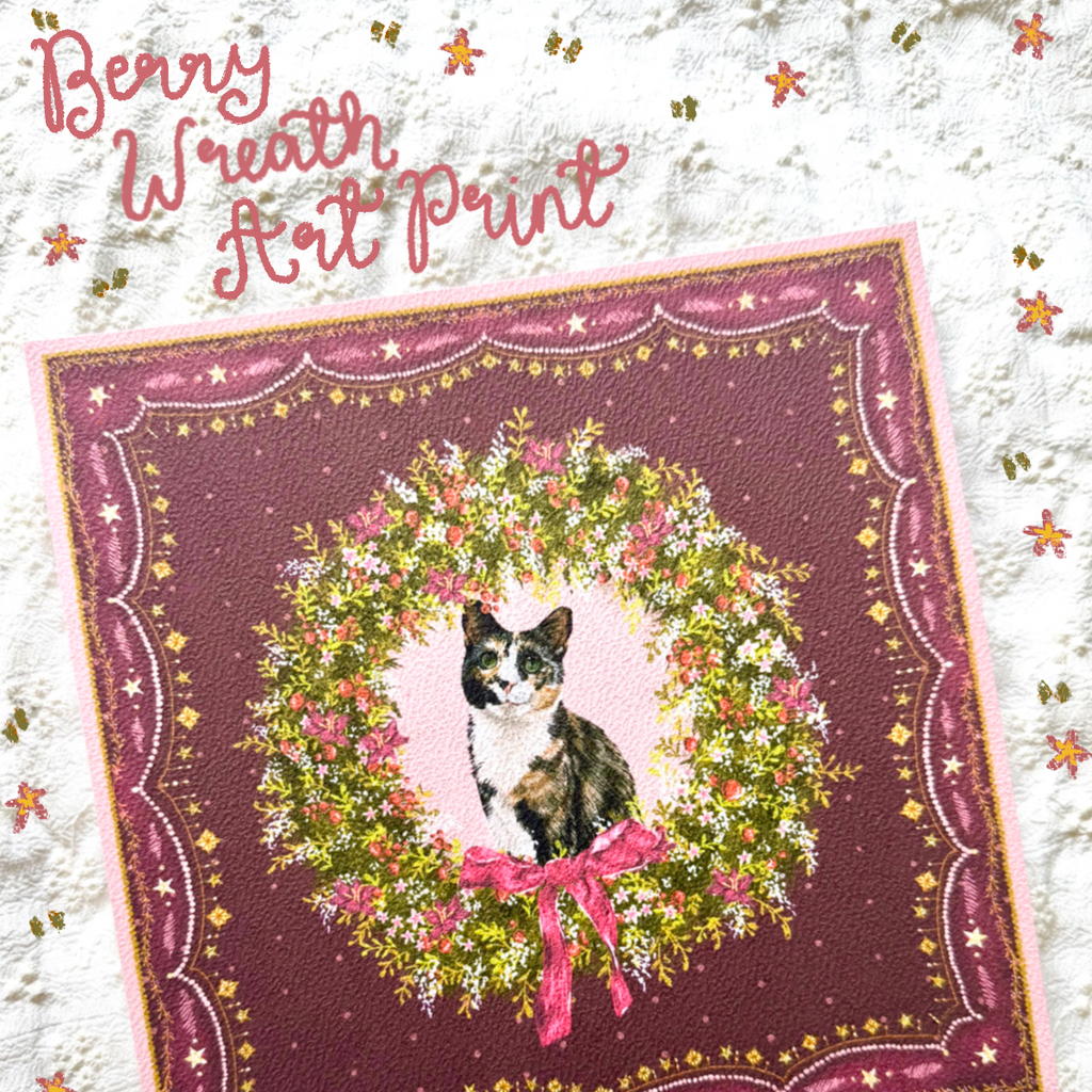"Berry Wreath" Black, White & Orange Calico Domestic Shorthair Cat Christmas Art Print