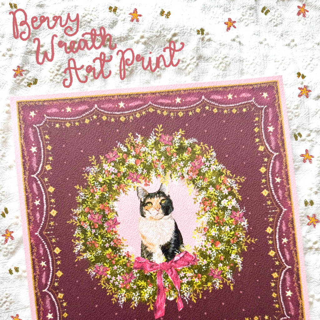 "Berry Wreath" Black, White & Orange Calico Domestic Shorthair Cat #2 Christmas Art Print