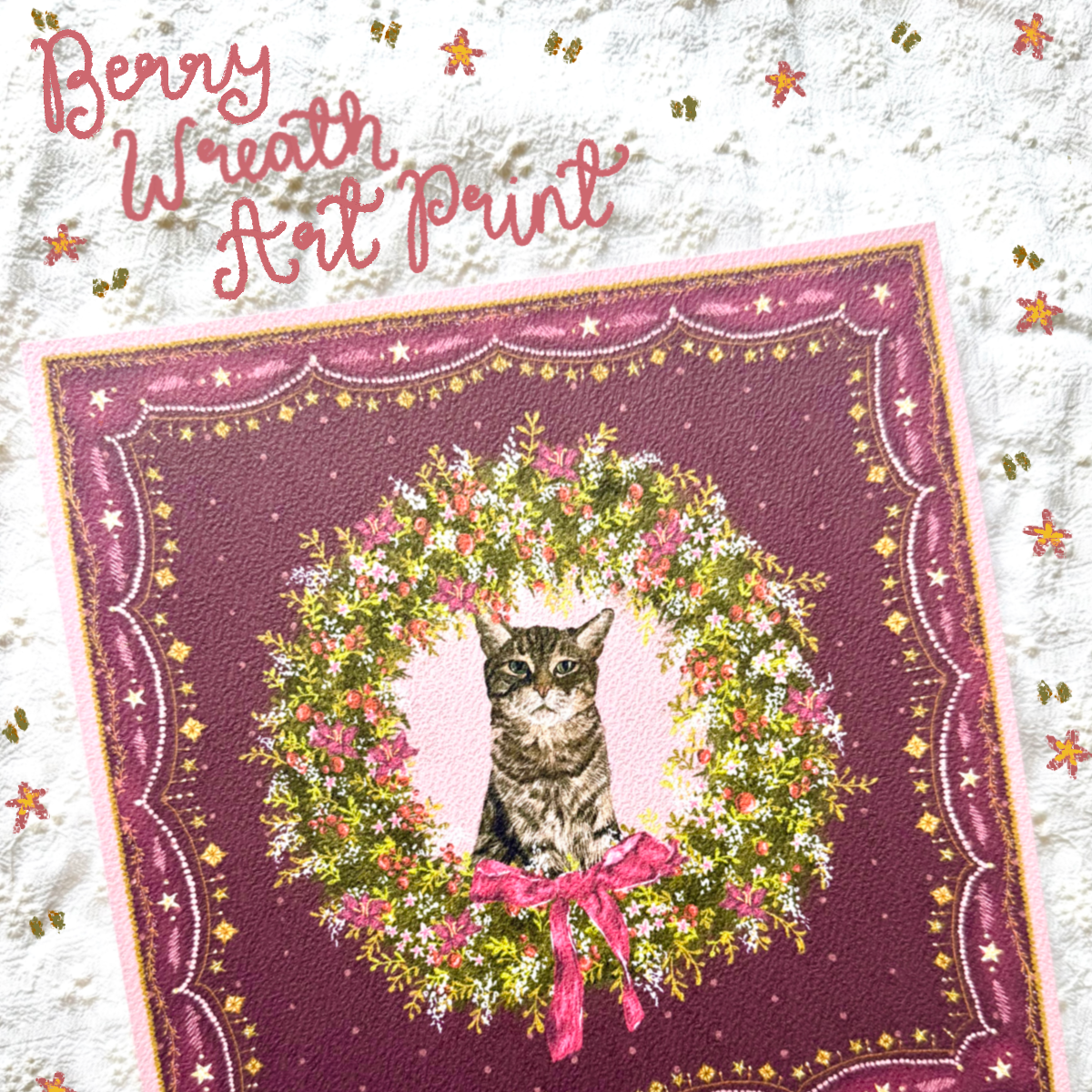 "Berry Wreath" Brown Mackerel Domestic Shorthair Cat #2 Christmas Art Print