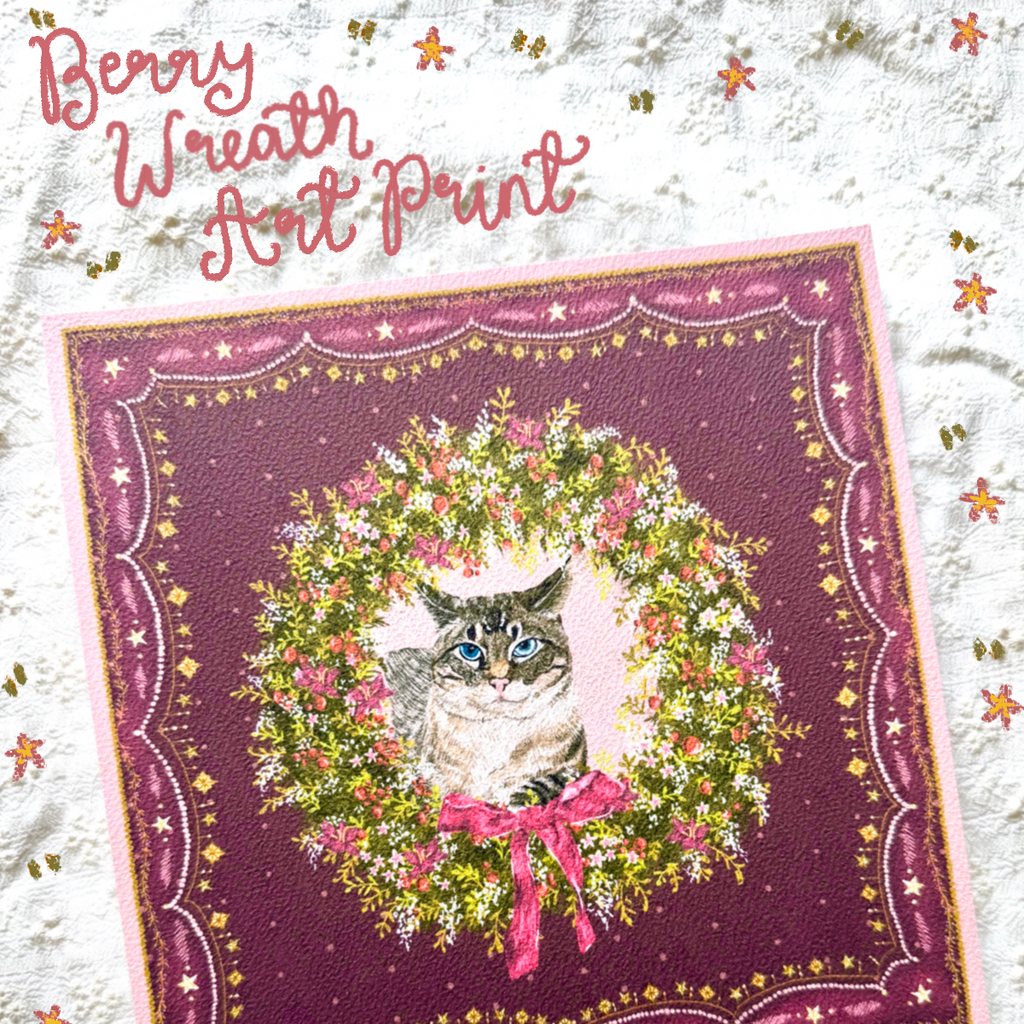 "Berry Wreath" Lynx Point Siamese Cat Christmas Art Print