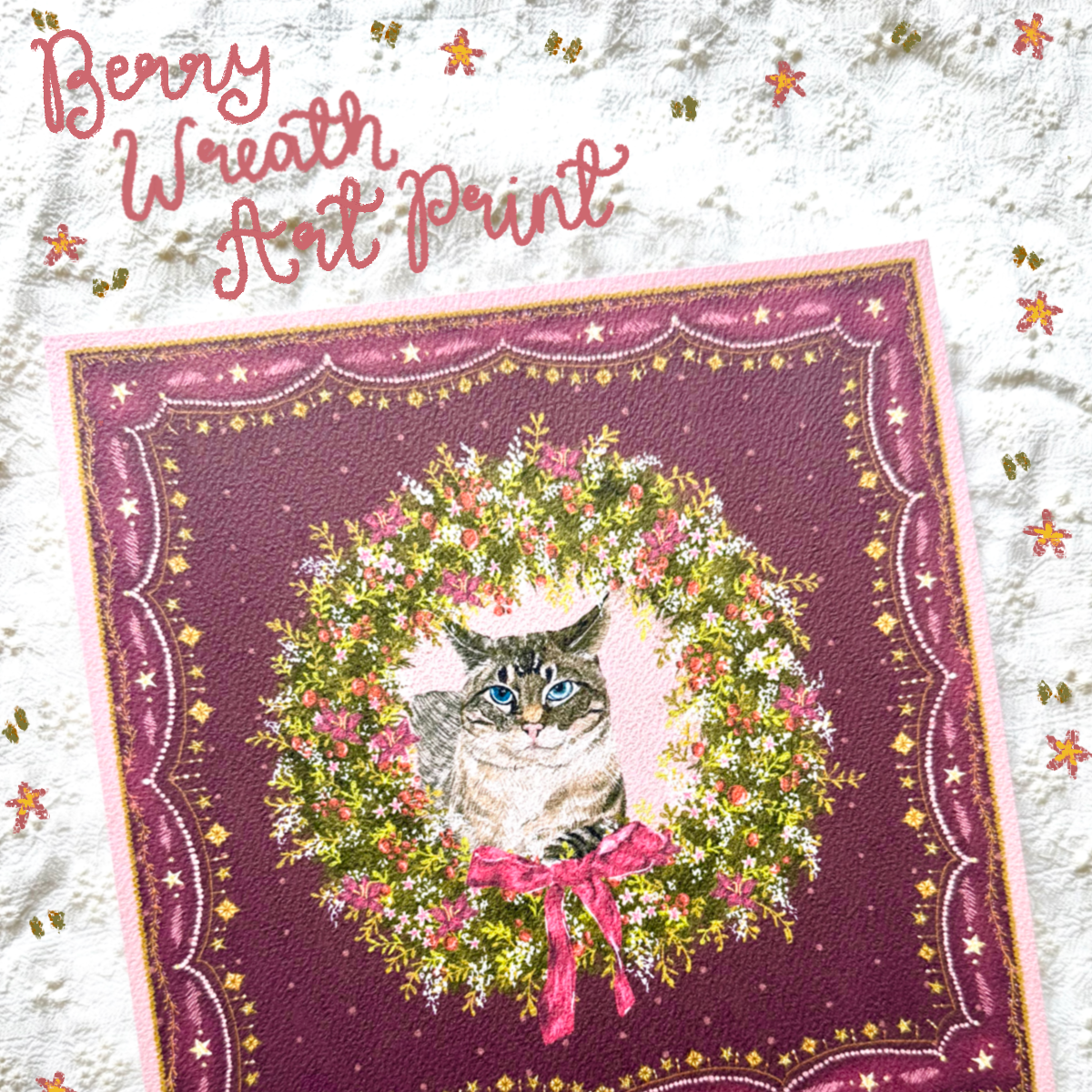 "Berry Wreath" Lynx Point Siamese Cat Christmas Art Print